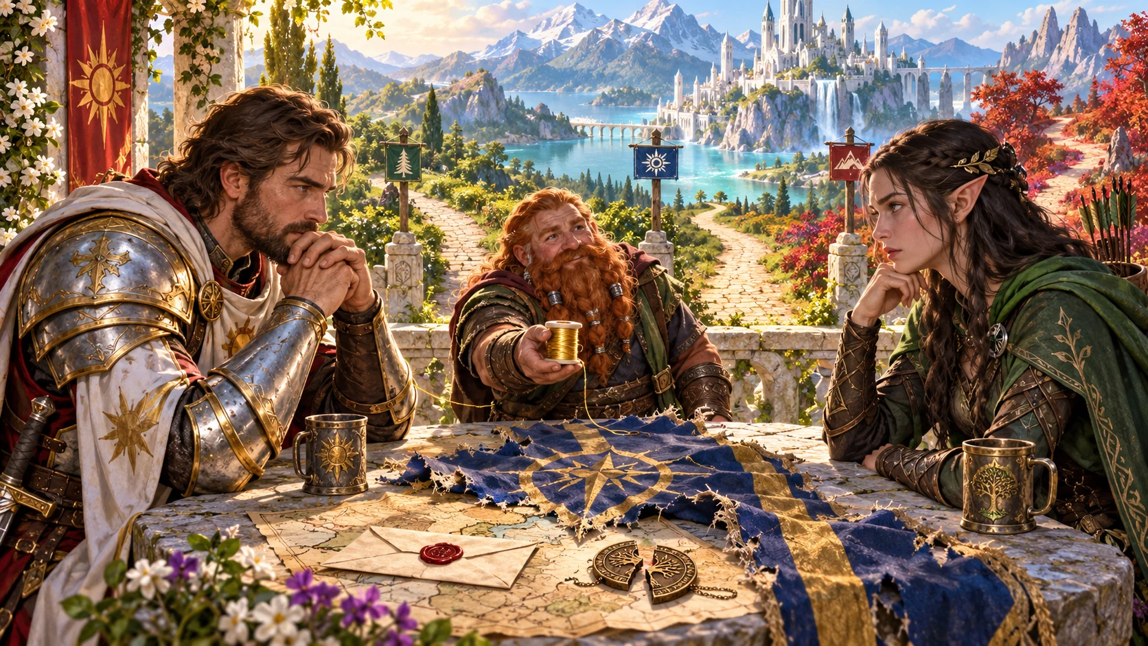 Illustrated fantasy companions consider a torn party banner and divided paths while a dwarf holds out a spool of thread.