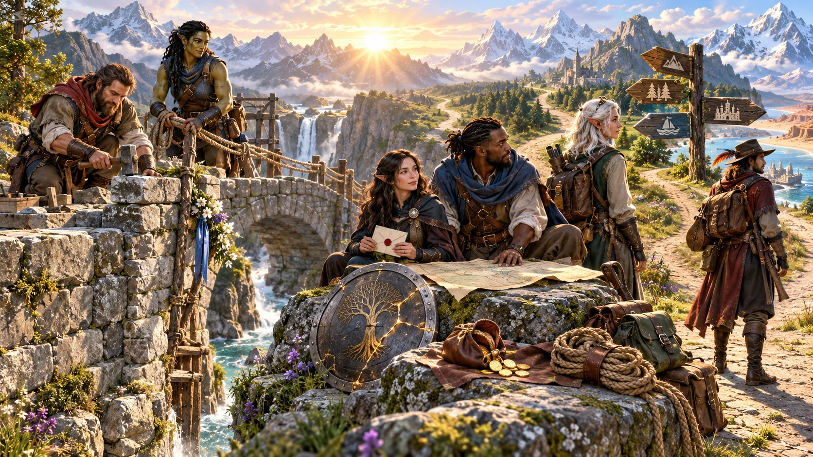 Illustrated fantasy companions repair a bridge and consider a cracked shield beside branching roads in a mountain landscape.