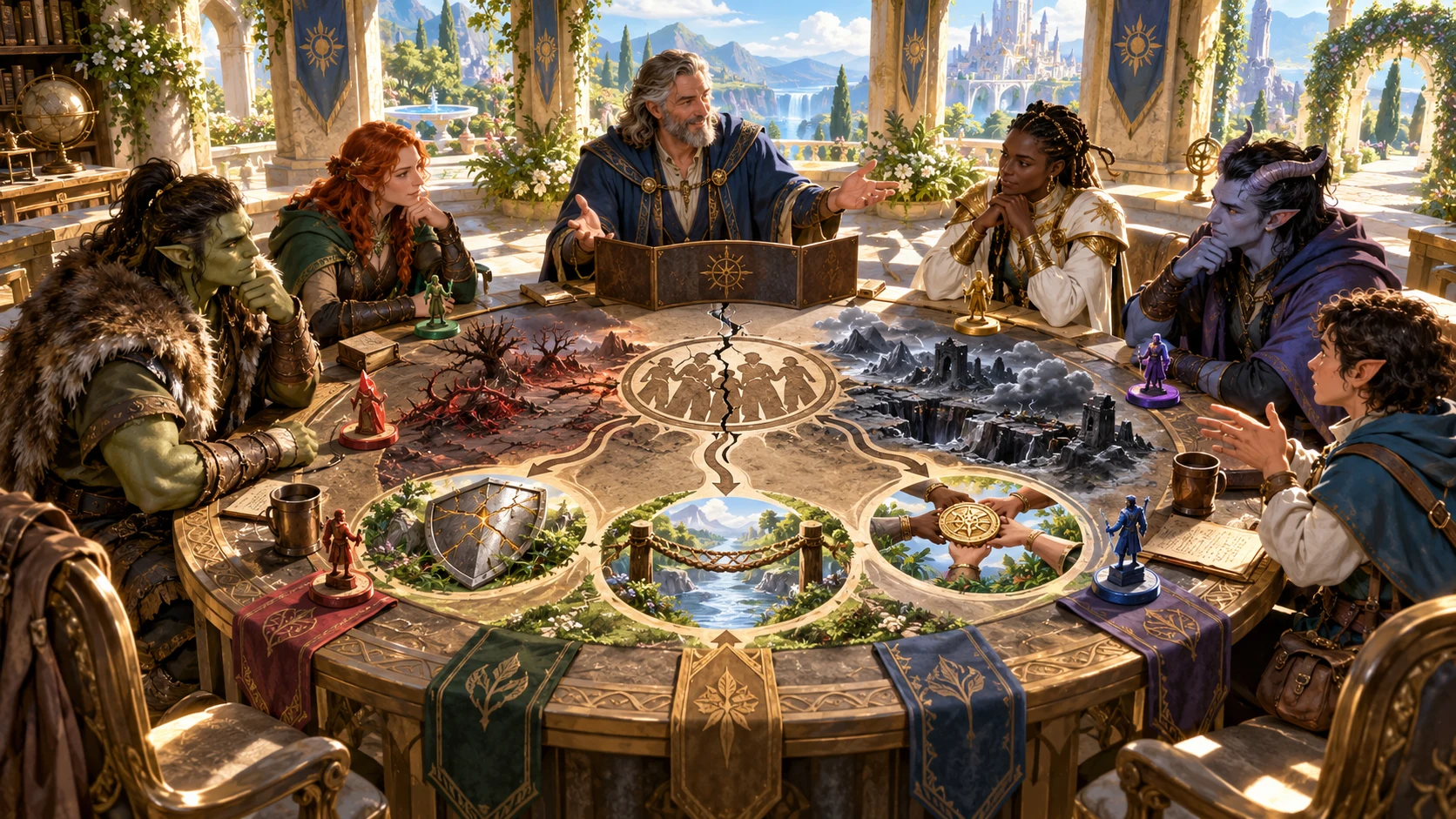 A fantasy game group considers signs of division, escalating pressure and several symbolic repair paths around a tabletop.